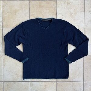 Vintage Jhane Barnes Sweater Men's Large Blue Wool Blend V Neck 90s Minimalist